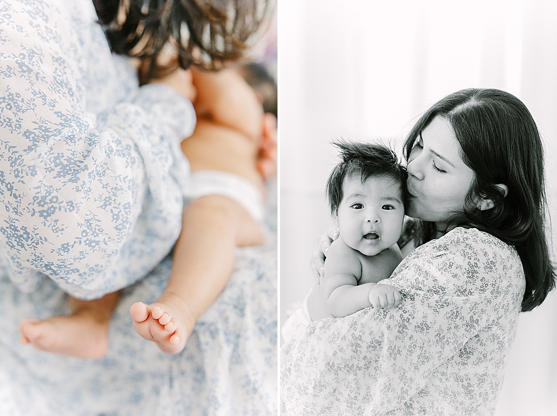 mom holds baby during studio lifestyle photo session with Sara Sniderman Photography in Natick Massachusetts