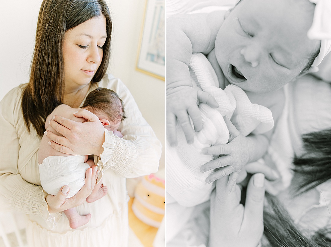 mom holds baby during in-home newborn photo session with Sara Sniderman Photography in Needham Massachusetts