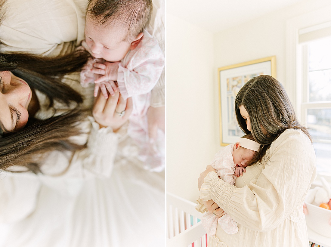 mother holds baby during in-home newborn photo session with Sara Sniderman Photography in Needham Massachusetts