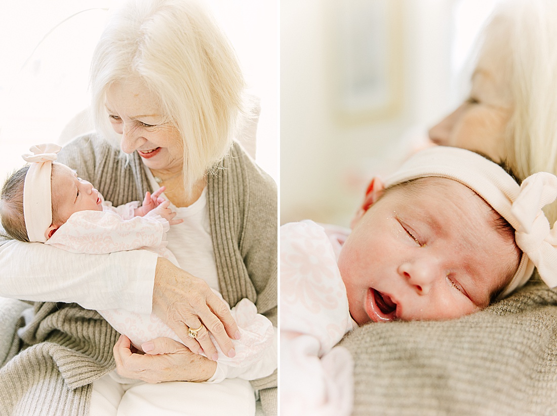 grandmother holds baby during in-home newborn photo session with Sara Sniderman Photography in Needham Massachusetts