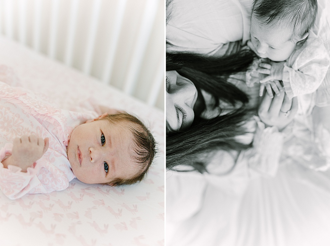 baby lays in crib during in-home newborn photo session with Sara Sniderman Photography in Needham Massachusetts