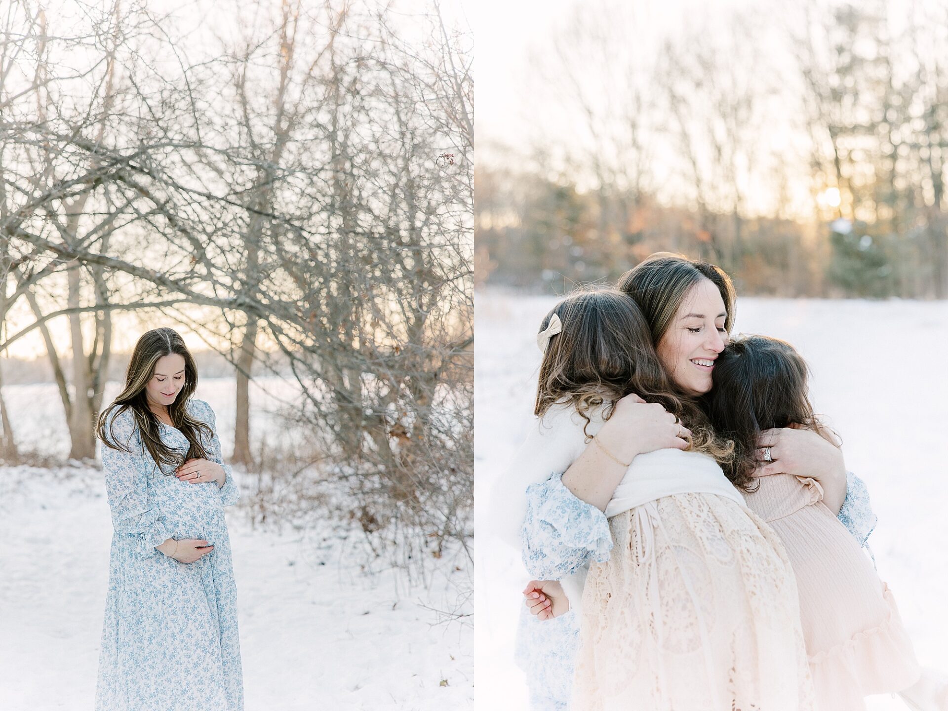mom hugs daughters during winter maternity photo session in Natick Massachusetts