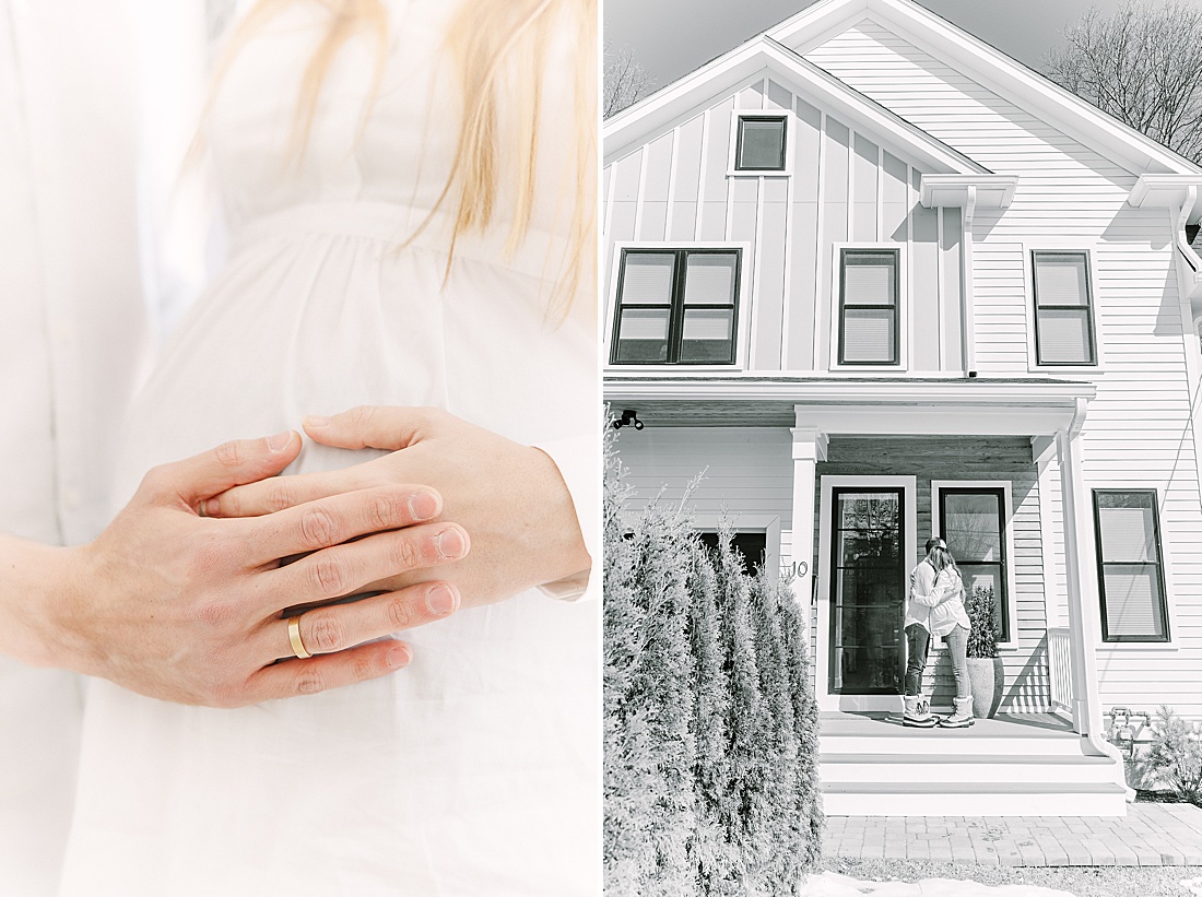 couple stand in front of their newton Massachusetts house during an in-home maternity photo session with Sara Sniderman Photography in Newton Massachusetts