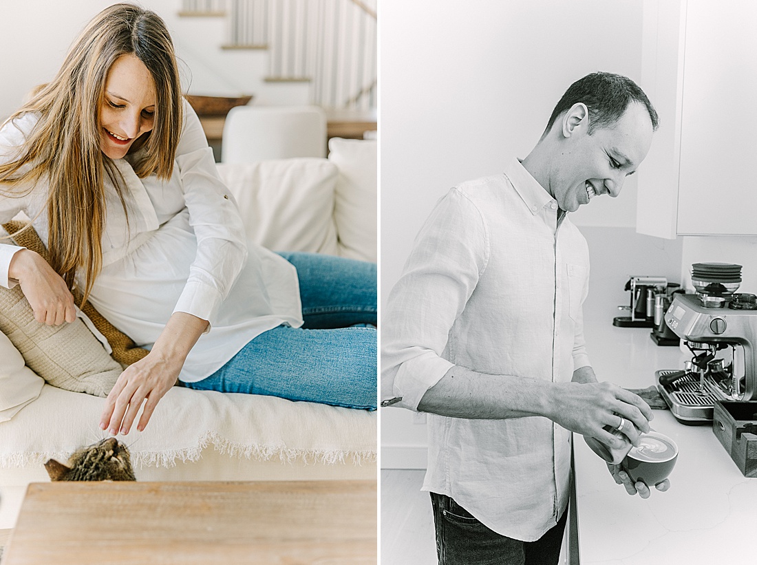 husband makes wife a cup of coffee during an in-home maternity photo session with Sara Sniderman Photography in Newton Massachusetts