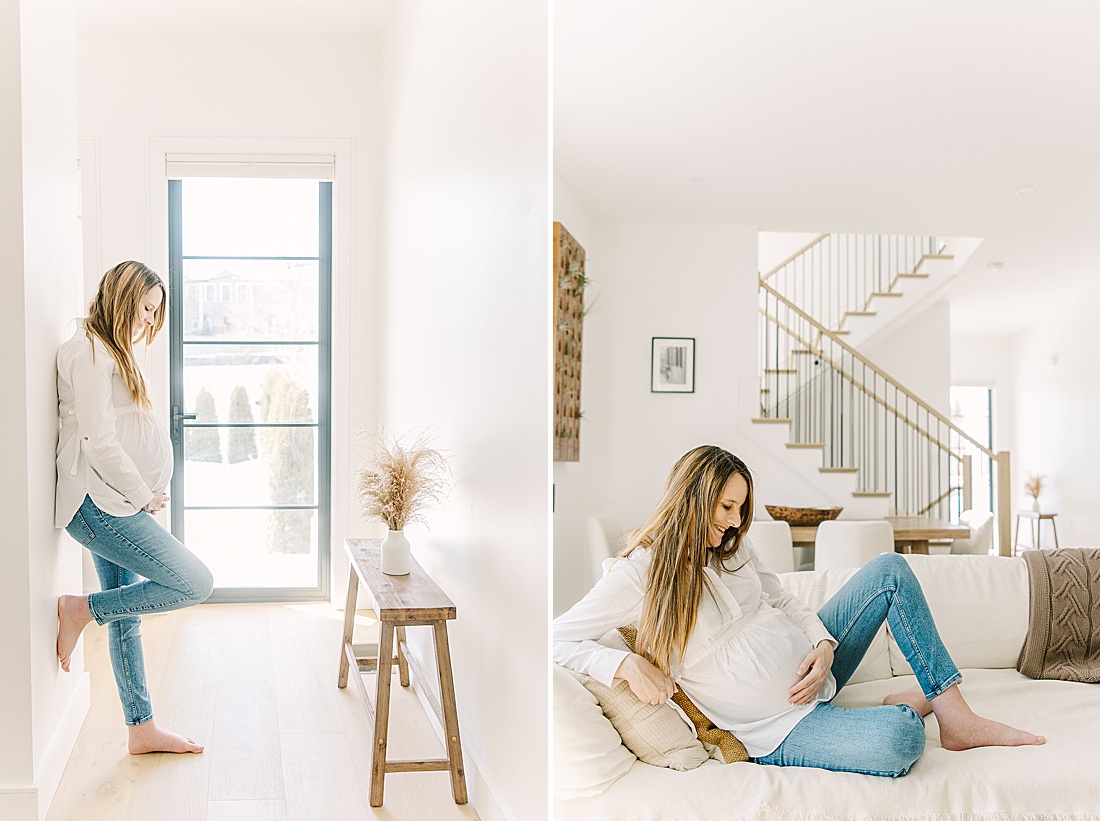 pregnant woman sit on couch during an in-home maternity photo session with Sara Sniderman Photography in Newton Massachusetts