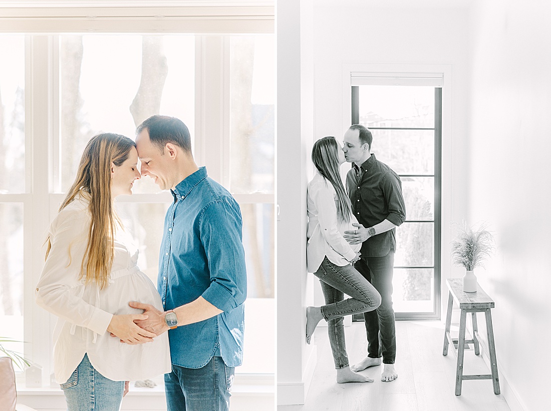 couple stands in entryway during an in-home maternity photo session with Sara Sniderman Photography in Newton Massachusetts