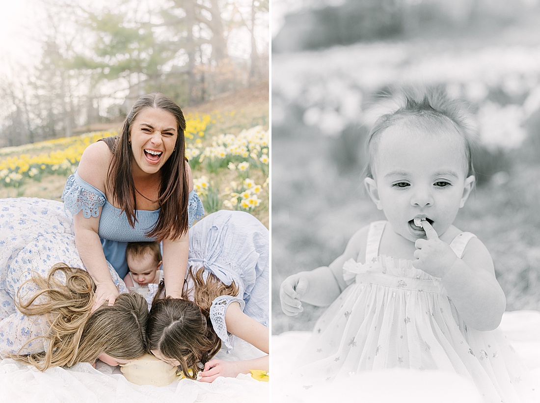 mother pushes daughters' into cake during first birthday photo session with Sara Sniderman Photography in Wellesley Massachusetts