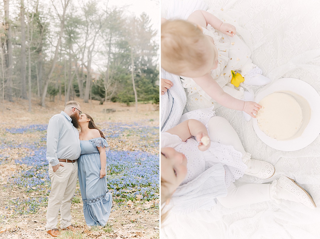 parents kiss in field of blue flowers during first birthday photo session with Sara Sniderman Photography in Wellesley Massachusetts