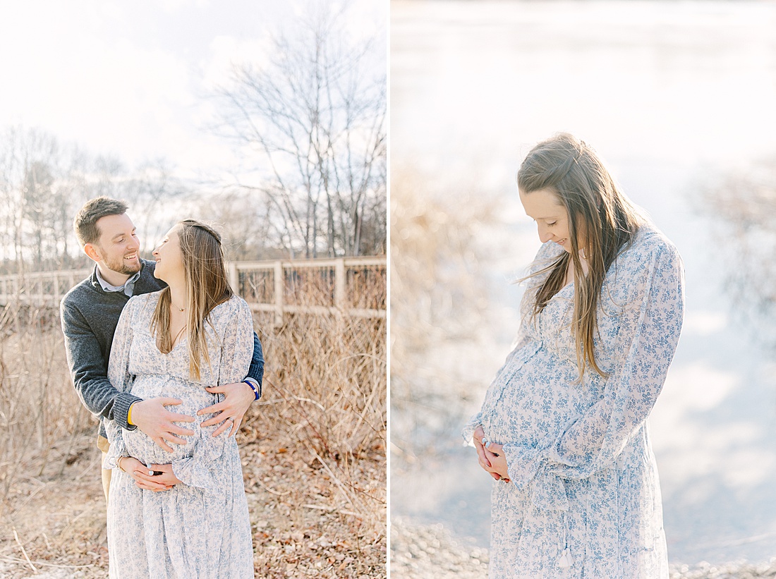 pregnants woman looks at stomach during maternity photos session with Sara Sniderman Photography in Ashland Massachusetts