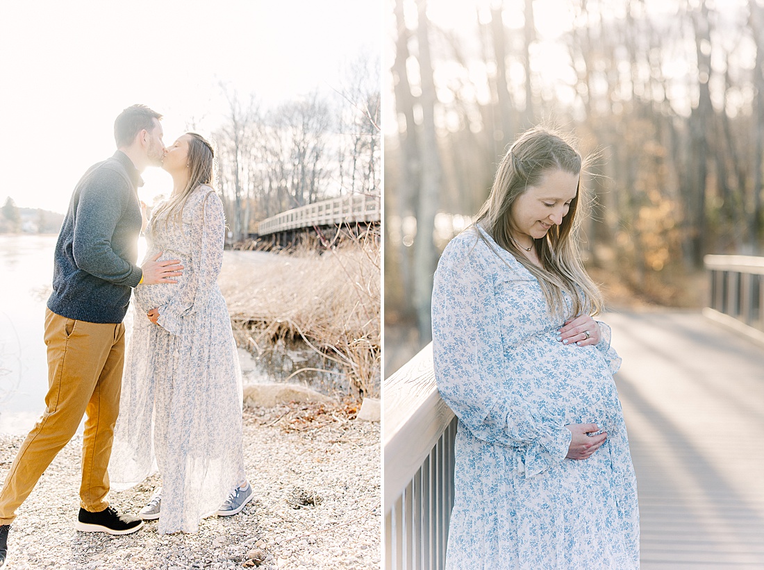 couple kisses during maternity photos session with Sara Sniderman Photography in Ashland Massachusetts