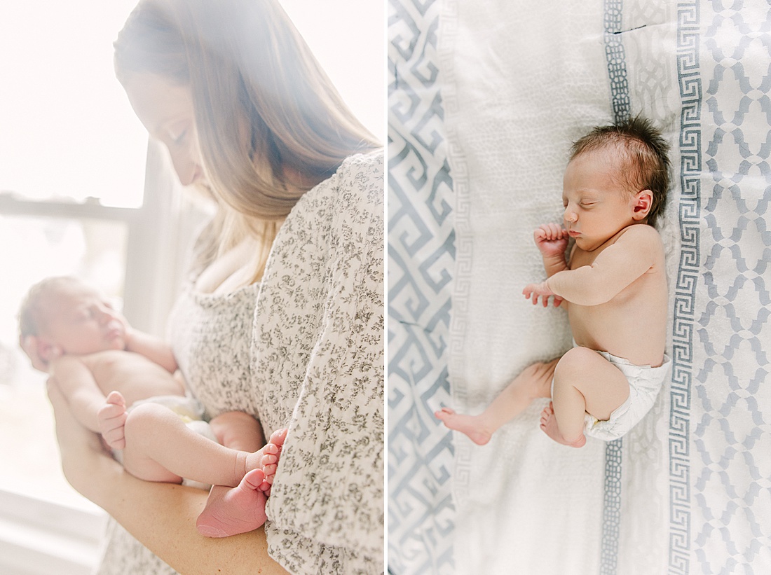 Mother holds baby during in-home newborn photos with Sara Sniderman Photography in MetroWest Boston Massachusetts