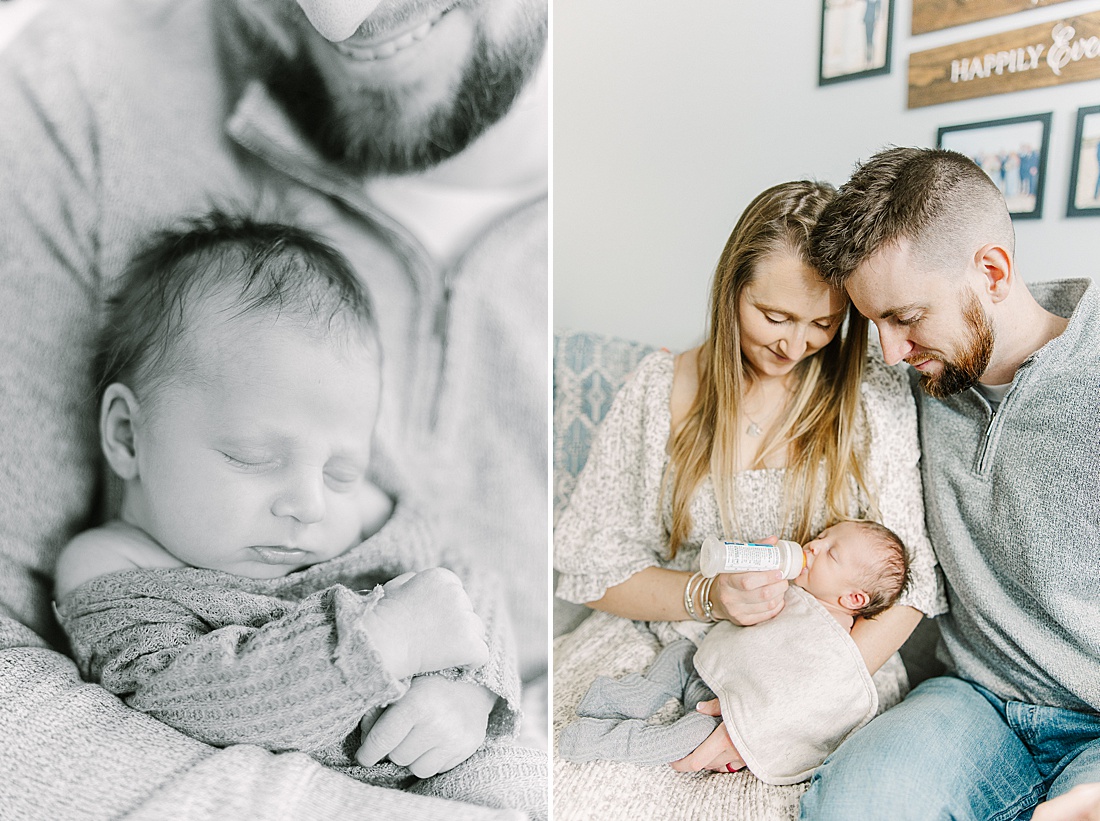 black and white of father holding baby and parents hold baby on bed during in-home newborn photos with Sara Sniderman Photography in MetroWest Boston Massachusetts