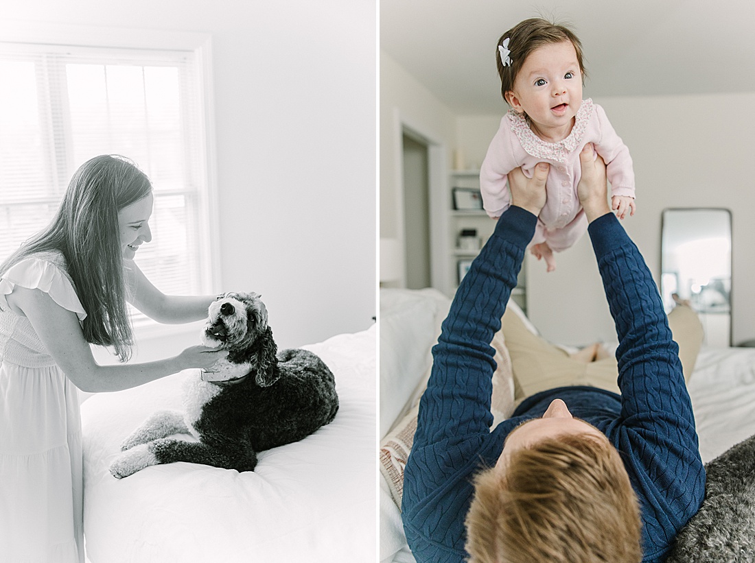 dad lays on bed holding baby above him during in-home newborn photo session with Sara Sniderman Photography in Norwood Massachusetts