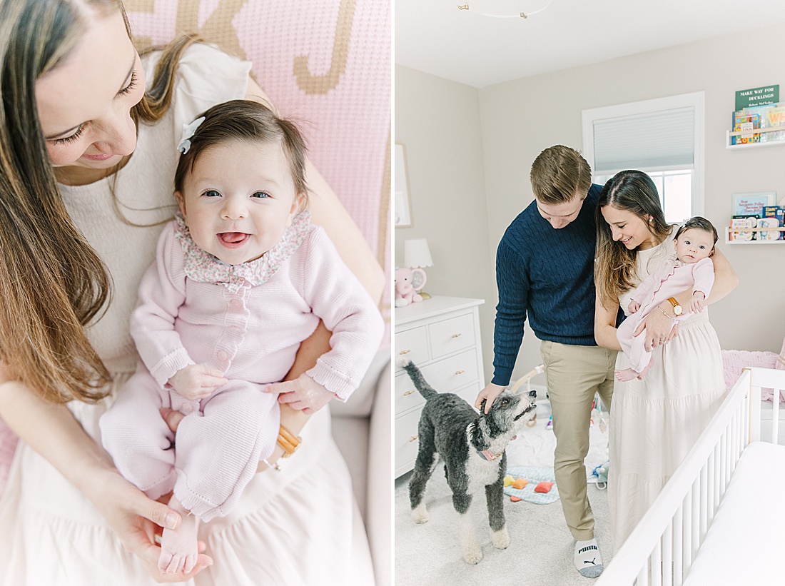 family stands in baby's nursery during in-home newborn photo session with Sara Sniderman Photography in Norwood Massachusetts