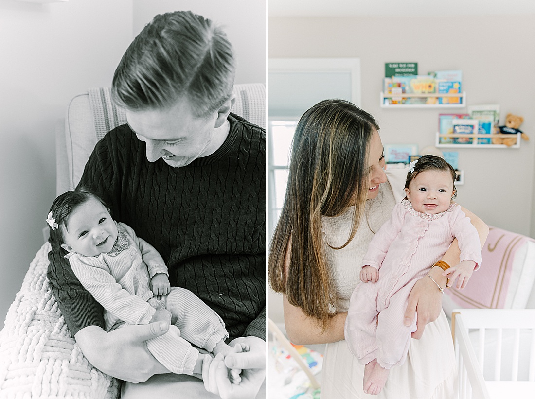 mom and dad hold baby during in-home newborn photo session with Sara Sniderman Photography in Norwood Massachusetts