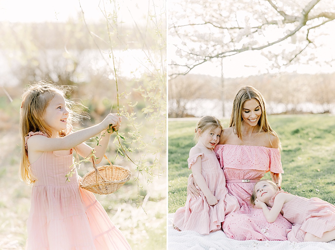girl picking flowers and mother and daughters sitting on blanket during family photo session with Sara Sniderman Photography at Wellesley College. 