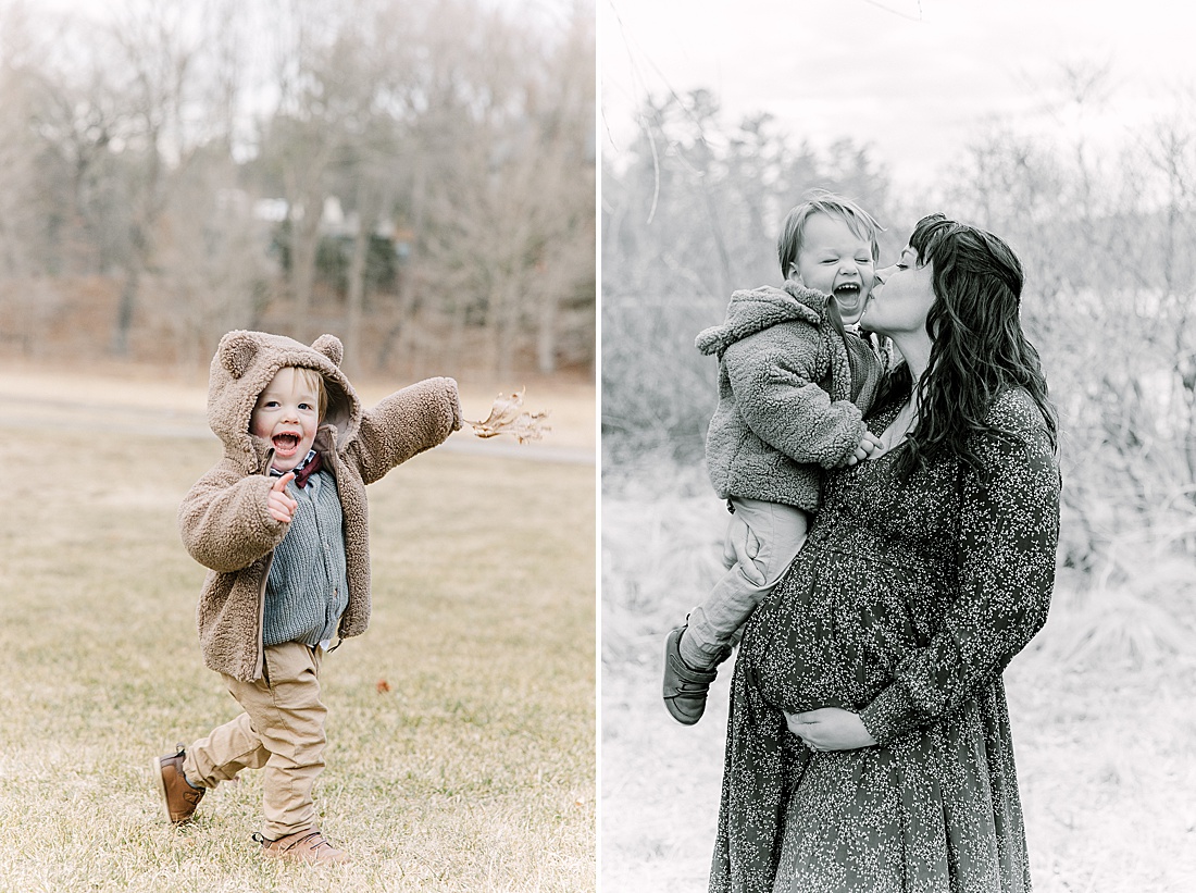 toddler runs and black and white of pregnant mom during maternity photo session with Sara Sniderman Photography in Wellesley Massachusetts