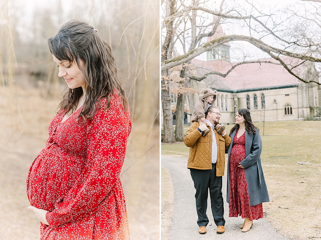 dad holds toddler on shoulders during maternity photo session with Sara Sniderman Photography in Wellesley Massachusetts