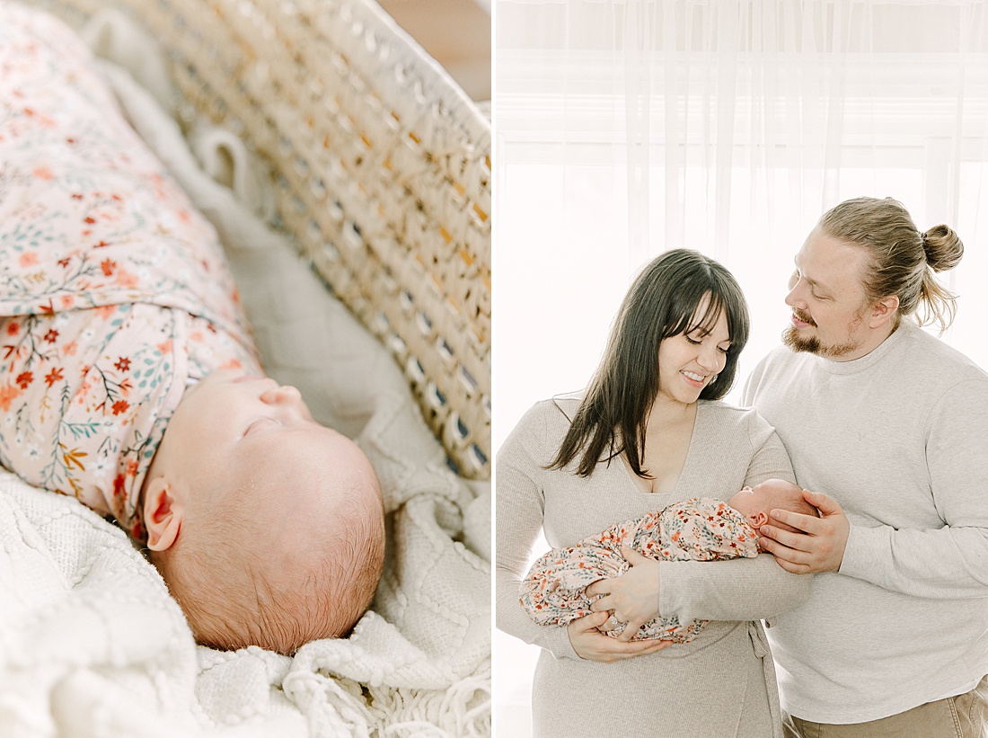 baby in basket and parents hold baby during newborn photo session with Sara Sniderman Photography in Wellesley Massachusetts