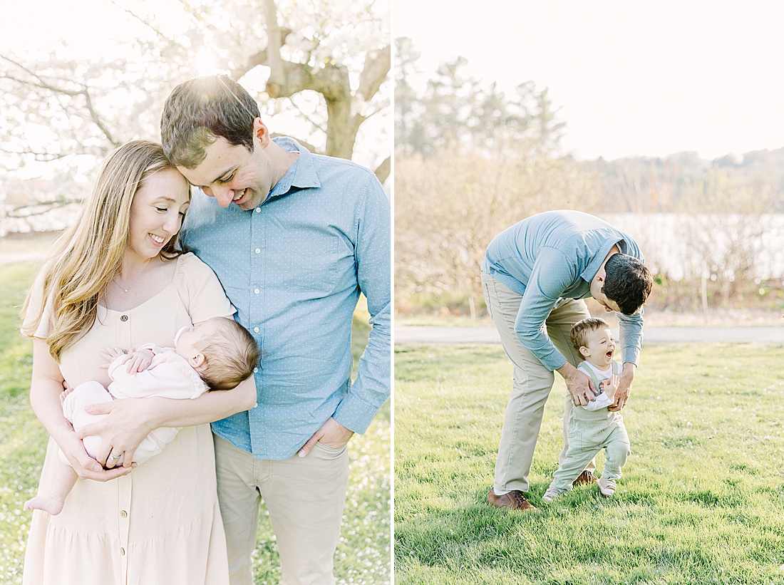 parent hold baby uring family photo session with Sara Sniderman Photography at Wellesley College.