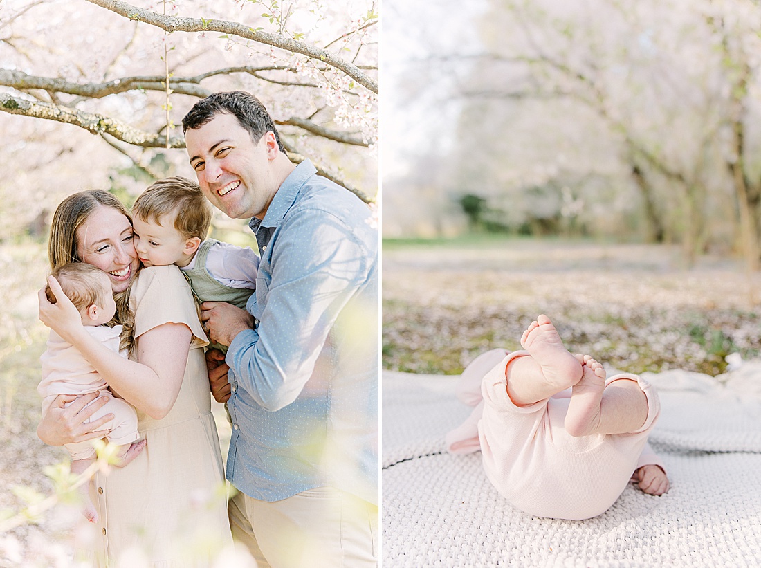 family smooshes together uring family photo session with Sara Sniderman Photography at Wellesley College.