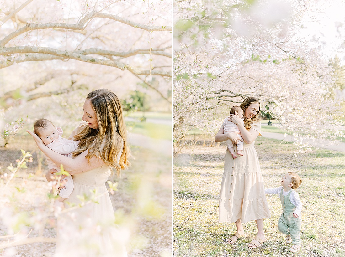mother with kids surrounded by blooming tree uring family photo session with Sara Sniderman Photography at Wellesley College.