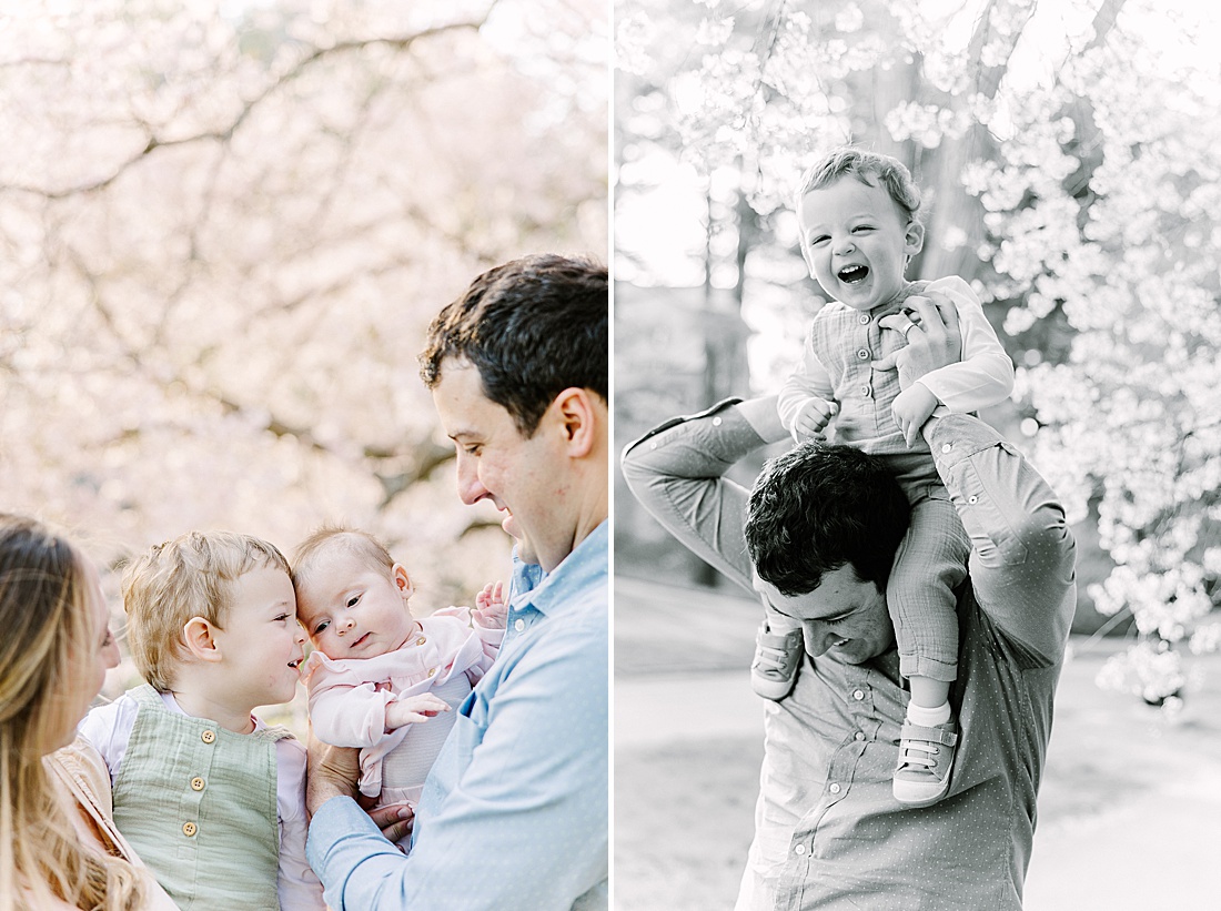 dad has son on shoulders uring family photo session with Sara Sniderman Photography at Wellesley College.