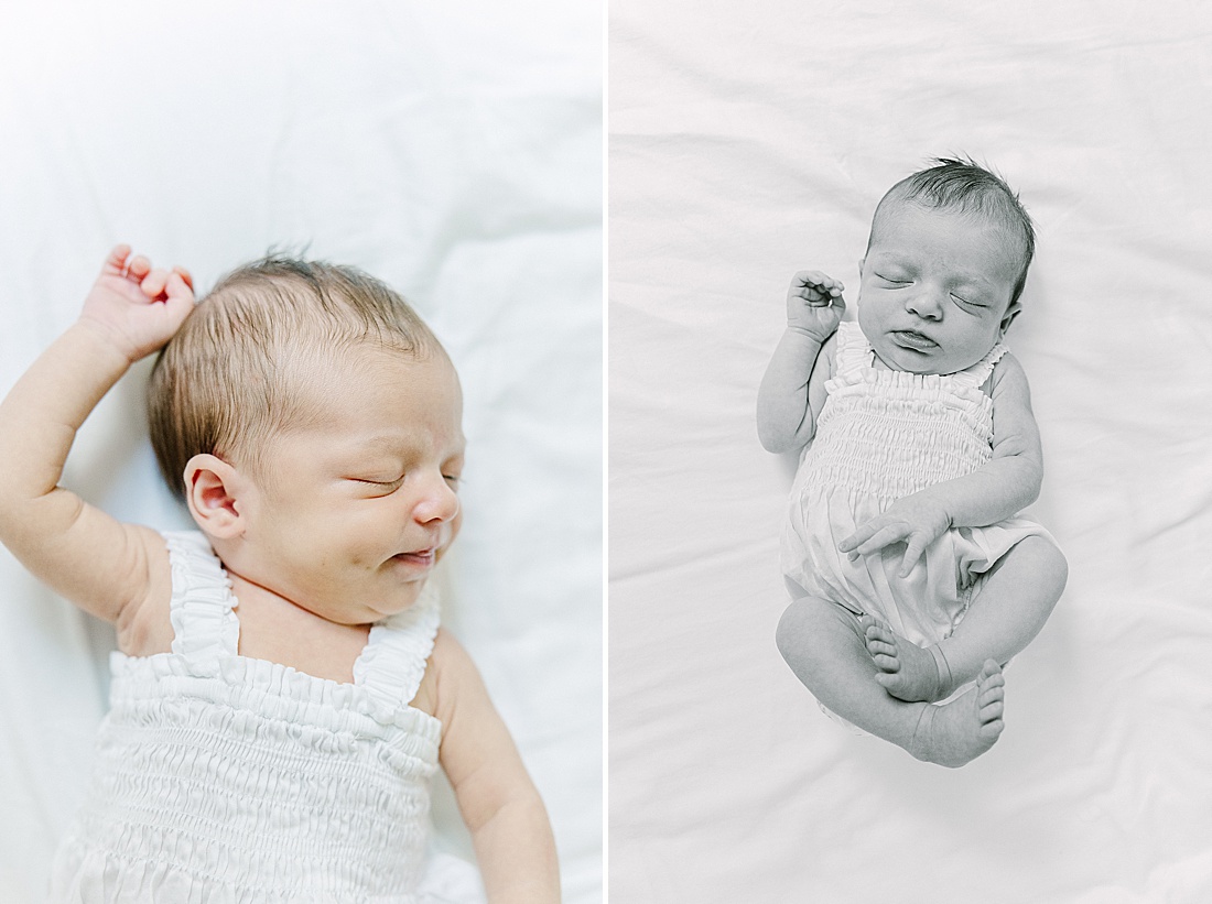 baby lays on bed during in-home newborn photo session with Sara Sniderman Photography in Natick Massachusetts