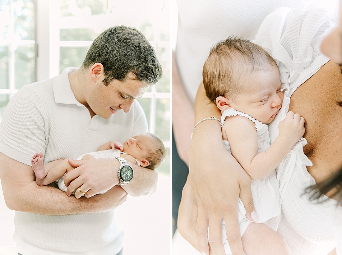 dad holds baby during in-home newborn photo session with Sara Sniderman Photography in Natick Massachusetts