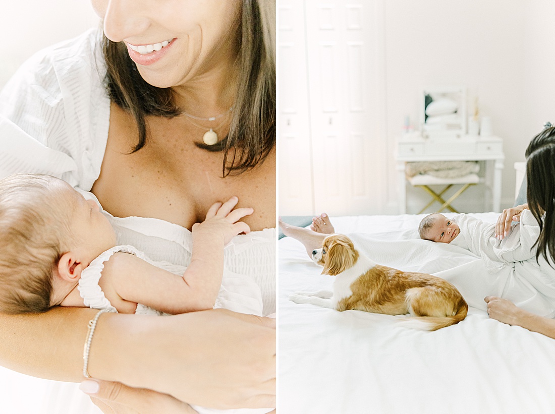 mother holds baby during in-home newborn photo session with Sara Sniderman Photography in Natick Massachusetts