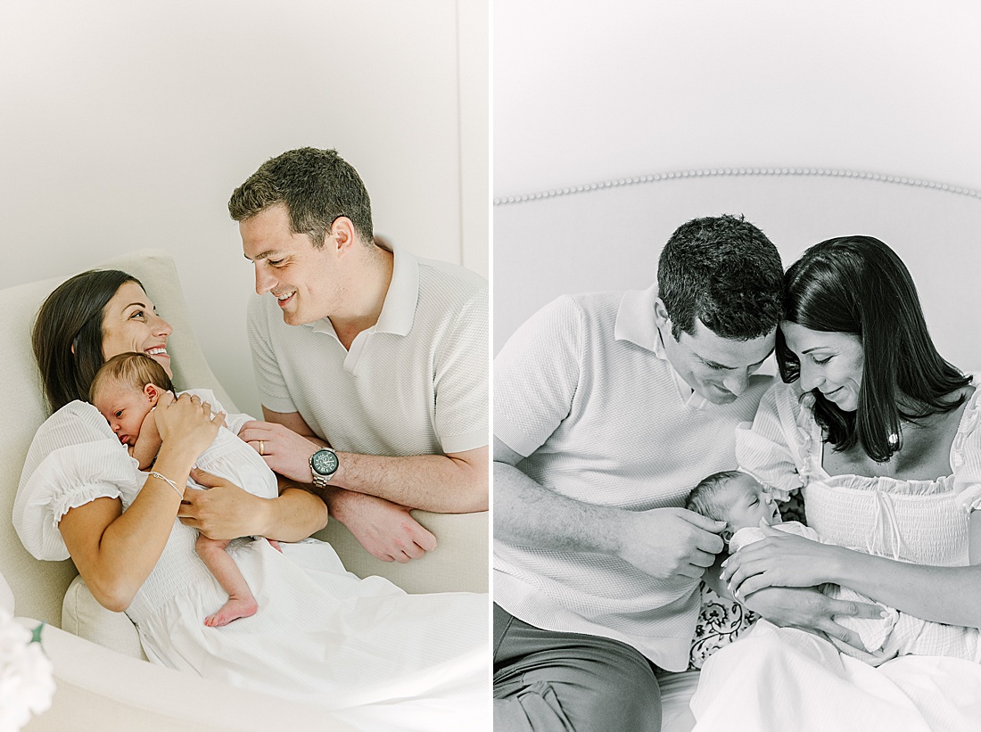 parents hold baby during in-home newborn photo session with Sara Sniderman Photography in Natick Massachusetts