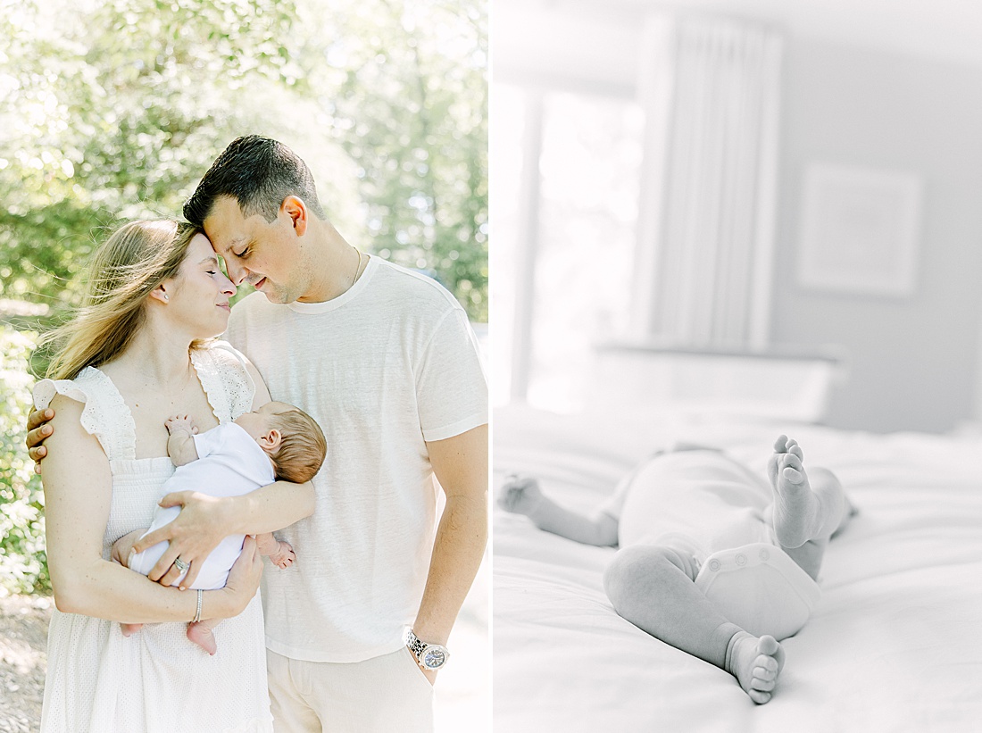 parents hold baby outside and black and white photo of baby feet on bed during in-home newborn photo session with Sara Sniderman Photography in Natick Massachusetts