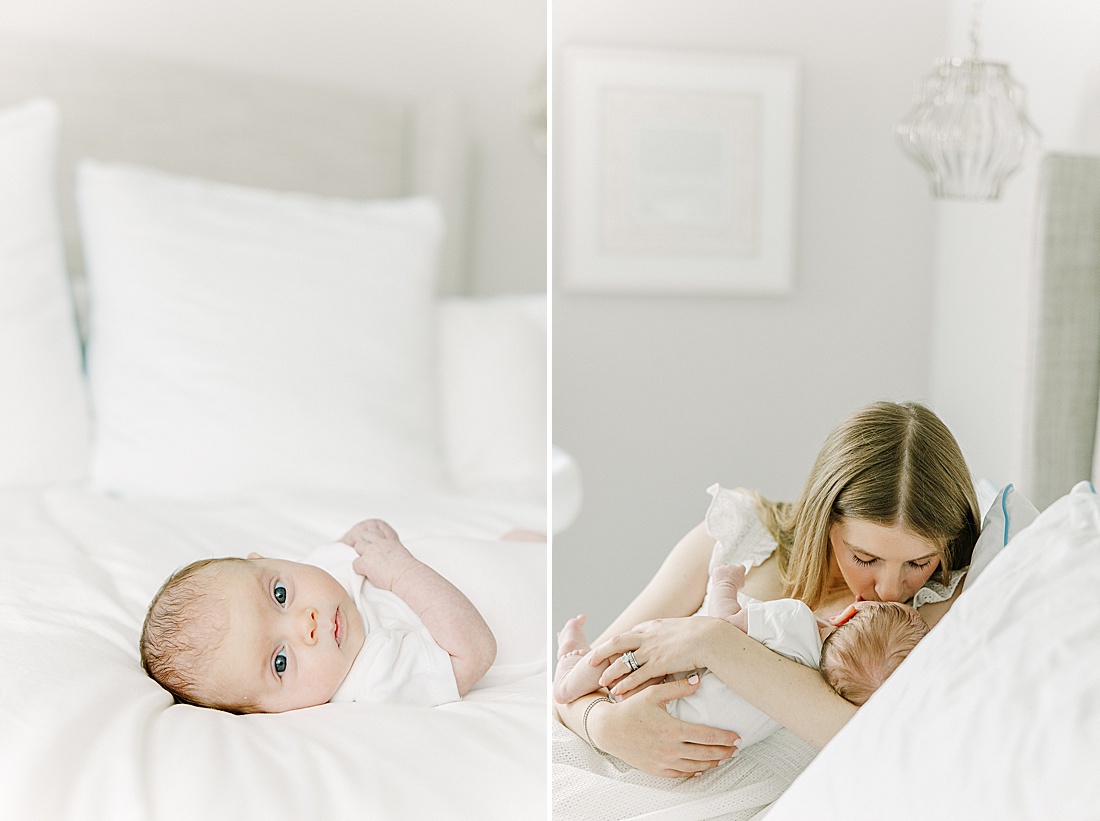 mother kisses baby while laying on bed during in-home newborn photo session with Sara Sniderman Photography in Natick Massachusetts
