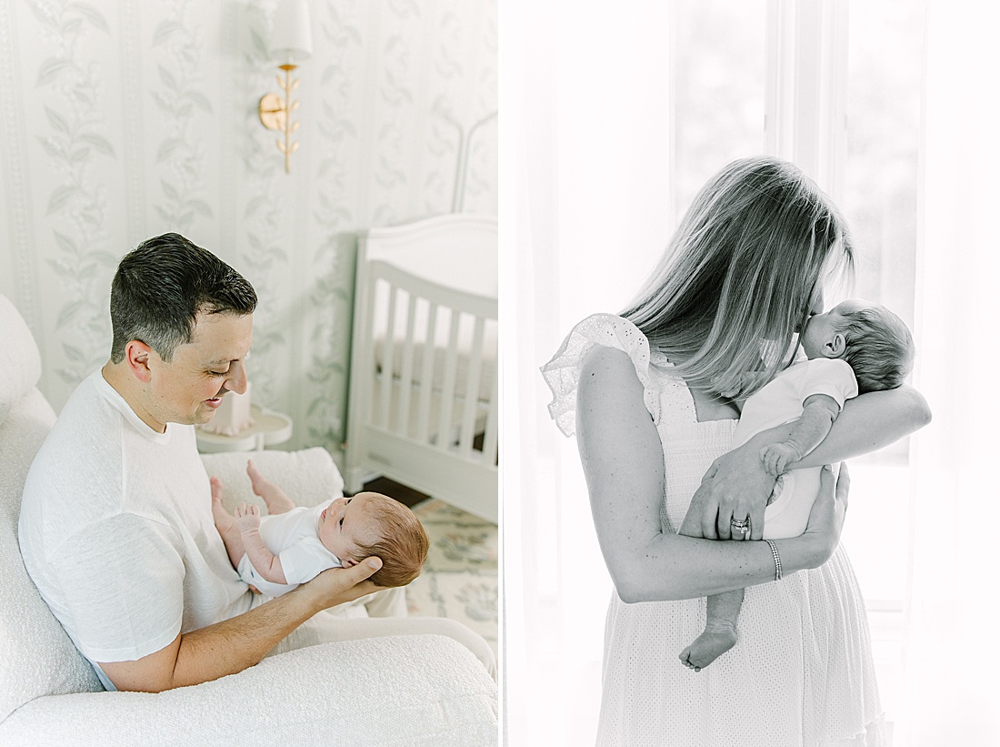 father holds baby and black and white photo of mother holding baby during in-home newborn photo session with Sara Sniderman Photography in Natick Massachusetts