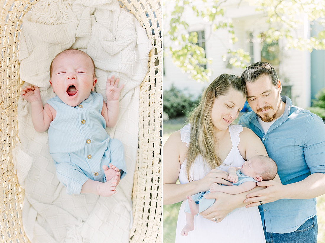 baby yawns in moses basket during in-home newborn photo session with Sara Sniderman Photography in Metro West Boston. during in-home newborn photo session with Sara Sniderman Photography in Metro West Boston. 