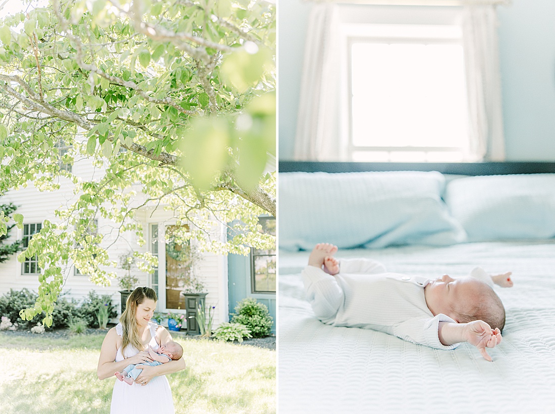 mother holds baby outside and baby lays on bed during in-home newborn photo session with Sara Sniderman Photography in Metro West Boston. 