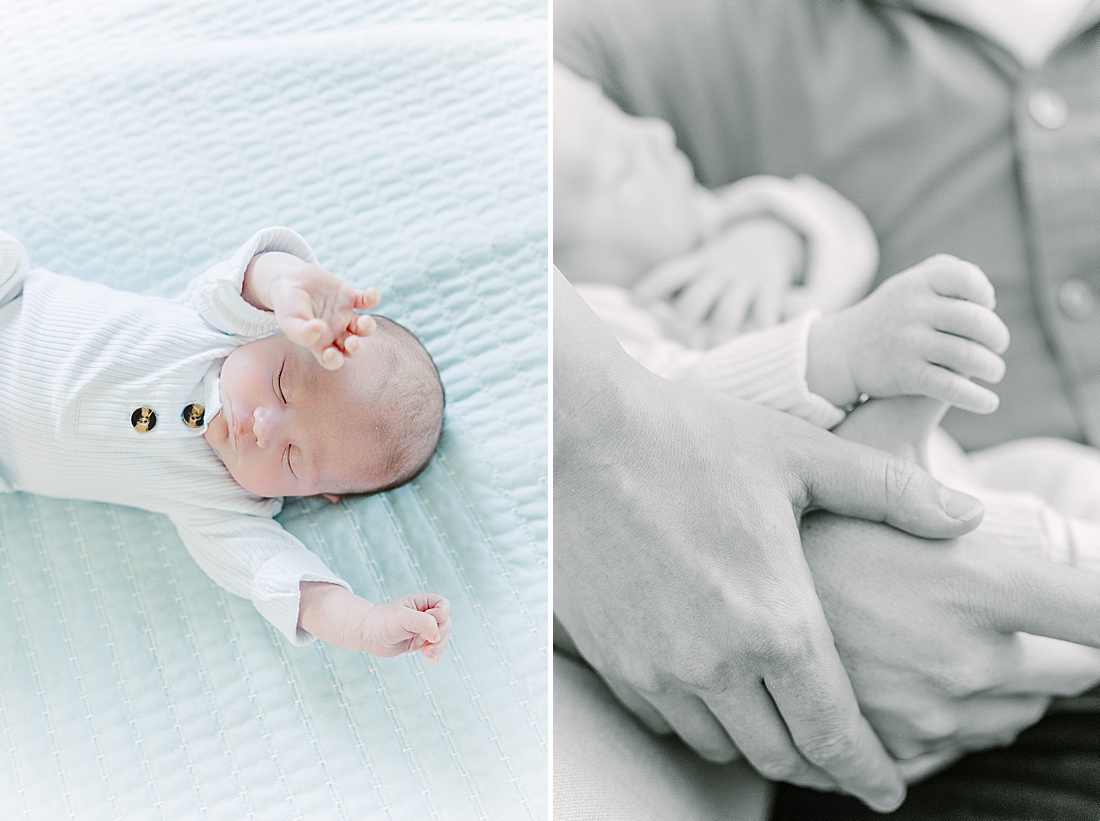 bay lays on bed and black and white photo of baby holding dads finger during in-home newborn photo session with Sara Sniderman Photography in Metro West Boston. 