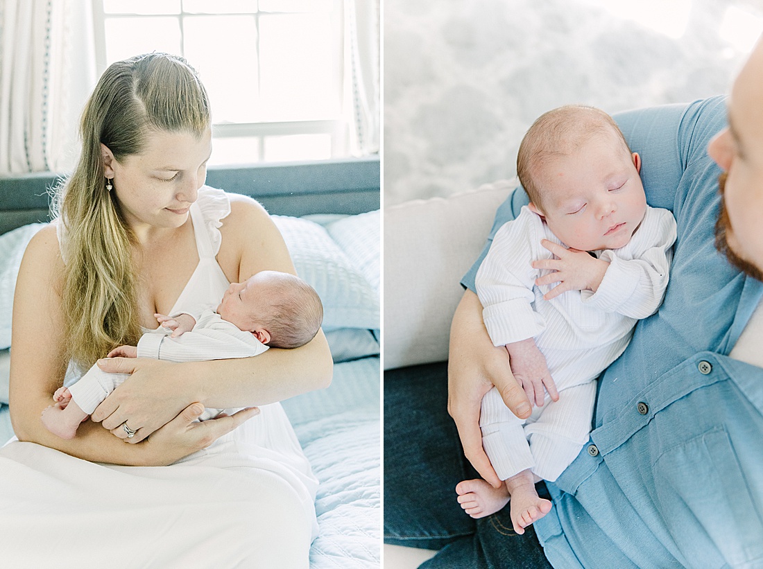mother and father hold newborn during in-home newborn photo session with Sara Sniderman Photography in Metro West Boston. 