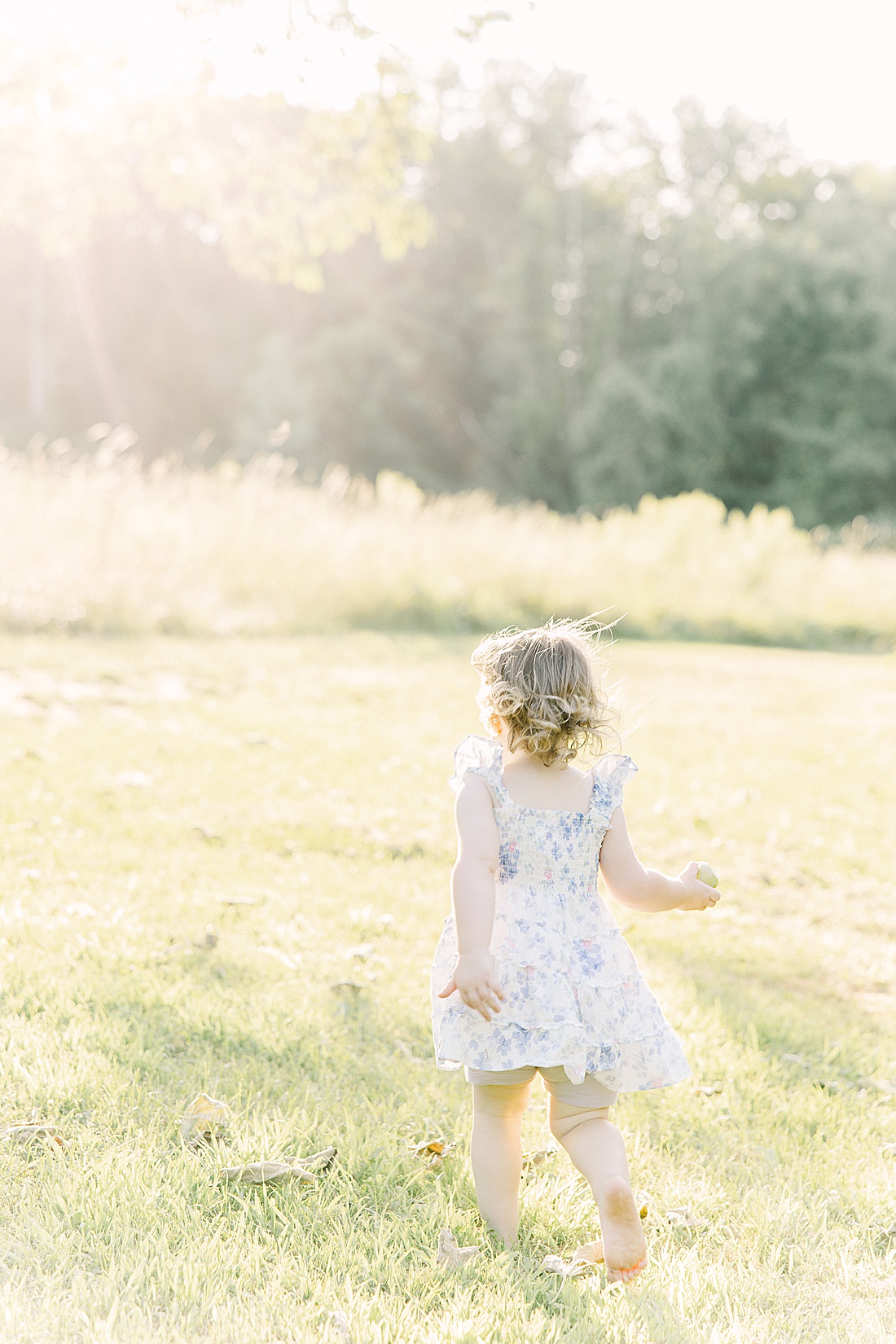 girl runs barefoot through field during summer family photos with Sara Sniderman Photography t Heard Farm in Wayland Massachusetts.