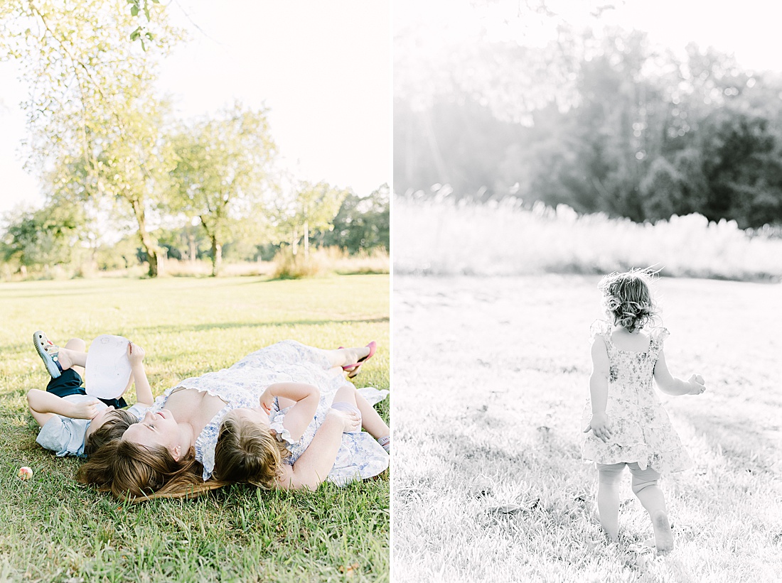 mother and kids lay on ground looking at the sky during summer family photos with Sara Sniderman Photography t Heard Farm in Wayland Massachusetts. 