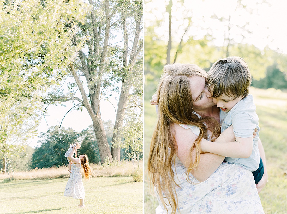 mother kisses son during summer family photos with Sara Sniderman Photography t Heard Farm in Wayland Massachusetts. 