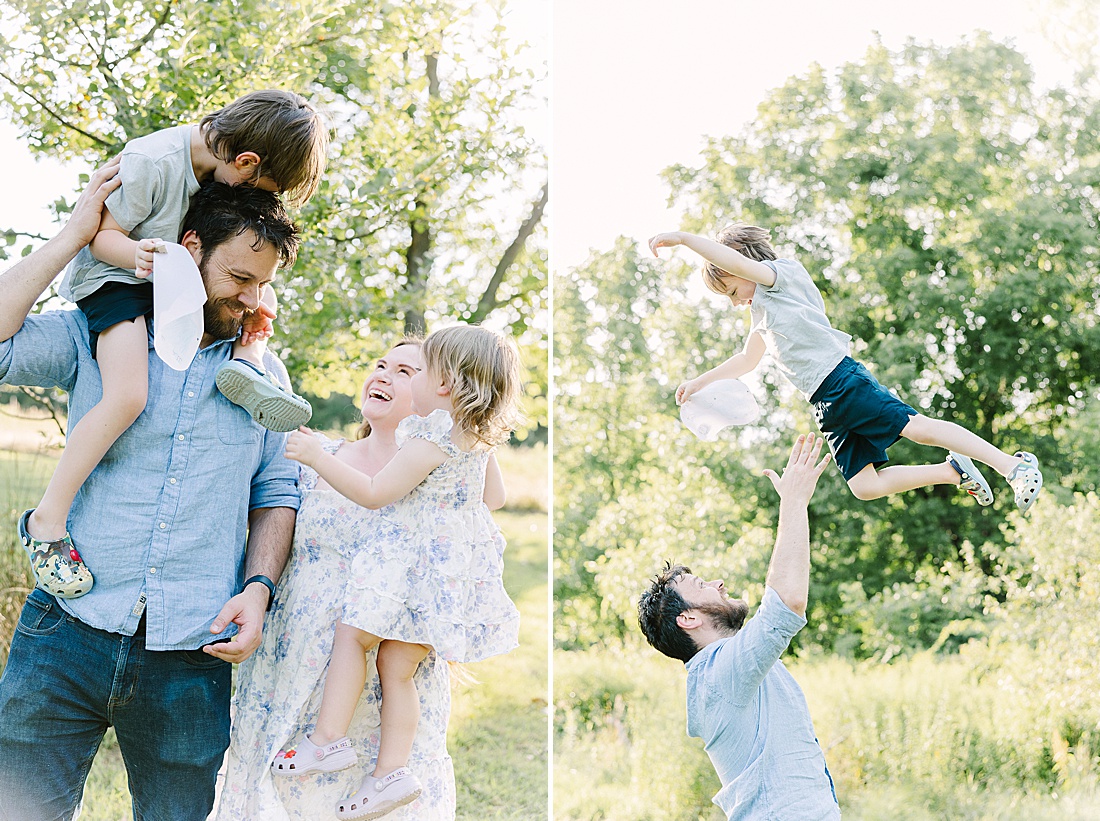 family laughs together during summer family photos with Sara Sniderman Photography t Heard Farm in Wayland Massachusetts. 
