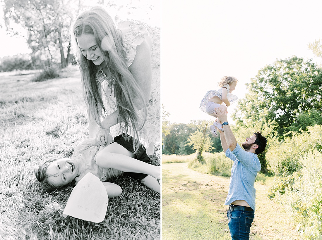 black and white photo of mother tickling son during summer family photos with Sara Sniderman Photography t Heard Farm in Wayland Massachusetts. 