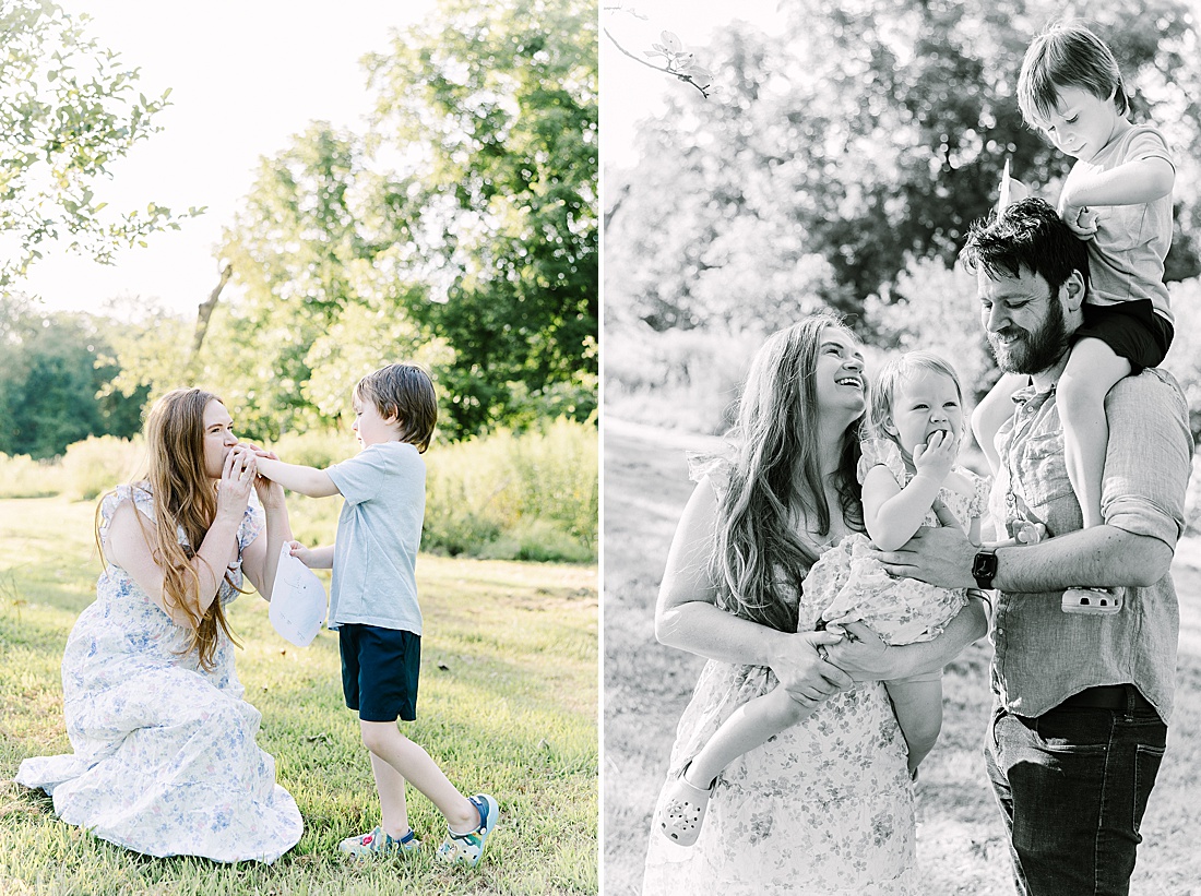 mother laughs with son during summer family photos with Sara Sniderman Photography t Heard Farm in Wayland Massachusetts. 