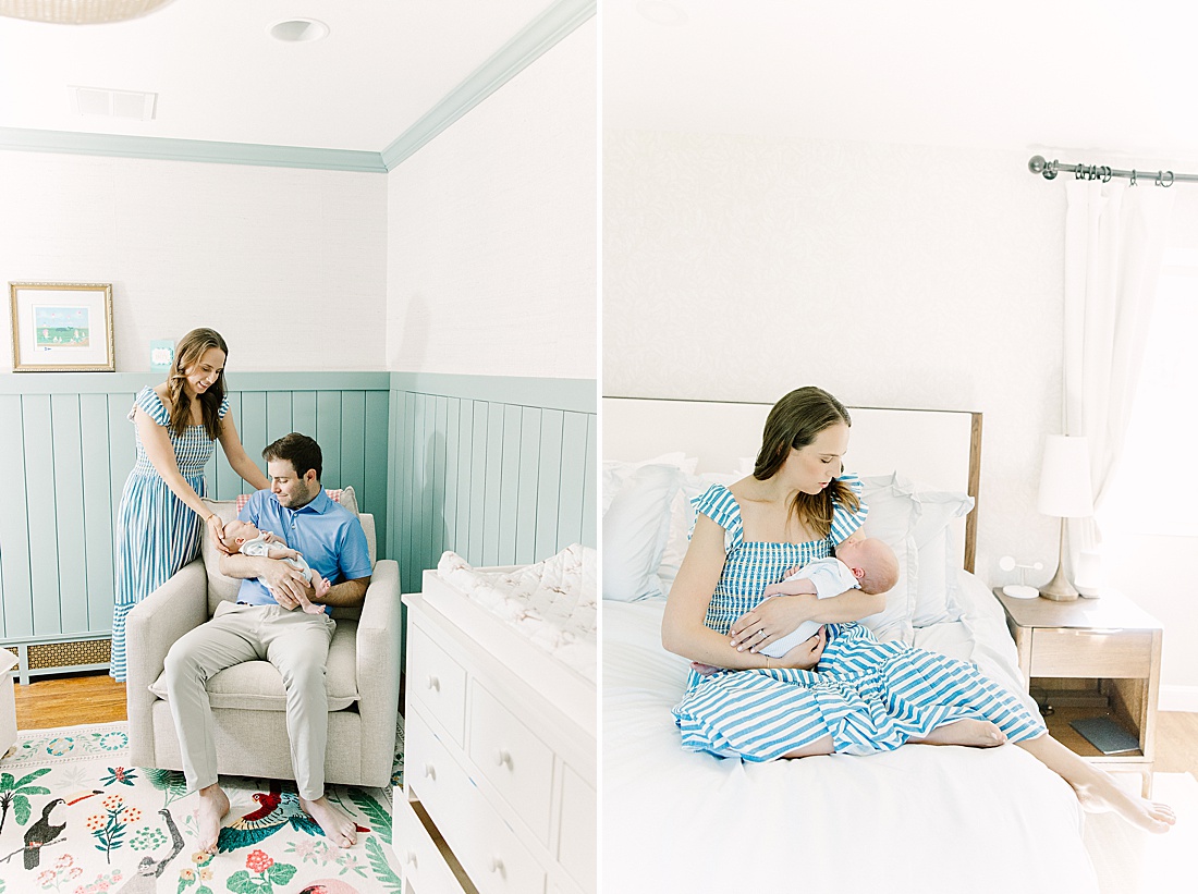 parents sit in baby nursery with baby during in-home newborn photo session with Sara Sniderman Photography in Wellesley Massachusetts. 