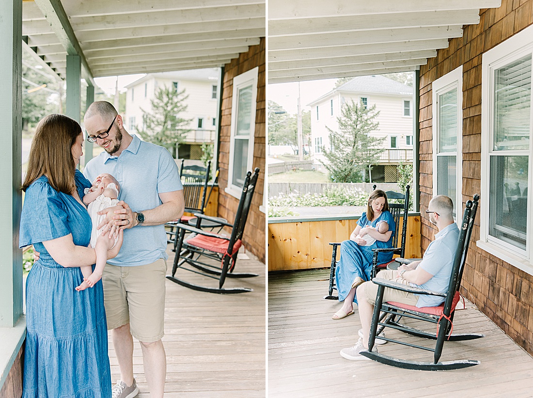 family sits on porch during in home newborn photo session with Sara Sniderman Photography in Metro West Boston. 