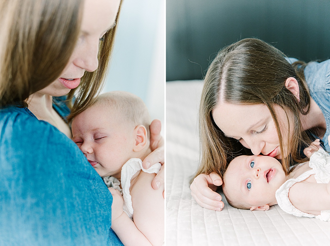 mother and baby during in home newborn photo session with Sara Sniderman Photography in Metro West Boston. 
