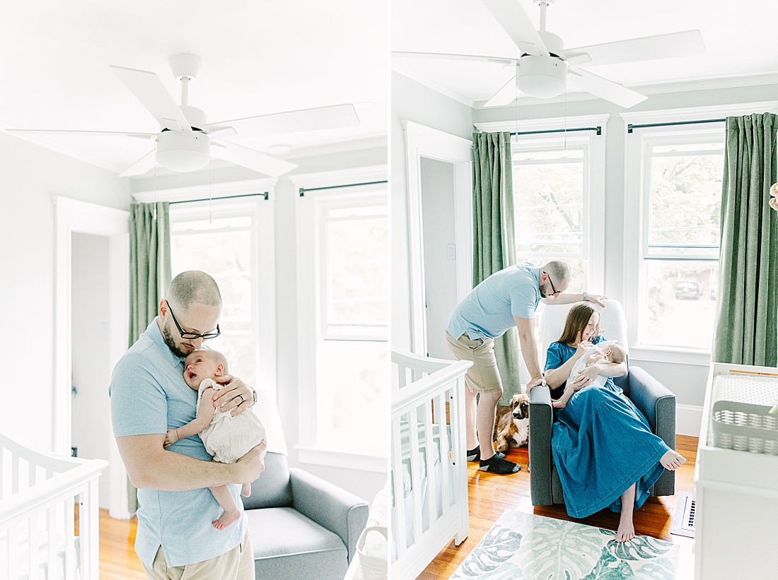 family in baby nursery during in home newborn photo session with Sara Sniderman Photography in Metro West Boston. 