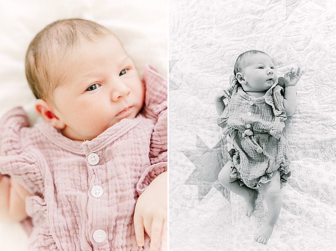 baby lays on bed during in-home newborn photo session with Sara Sniderman Photography in Sherborn Massachusetts