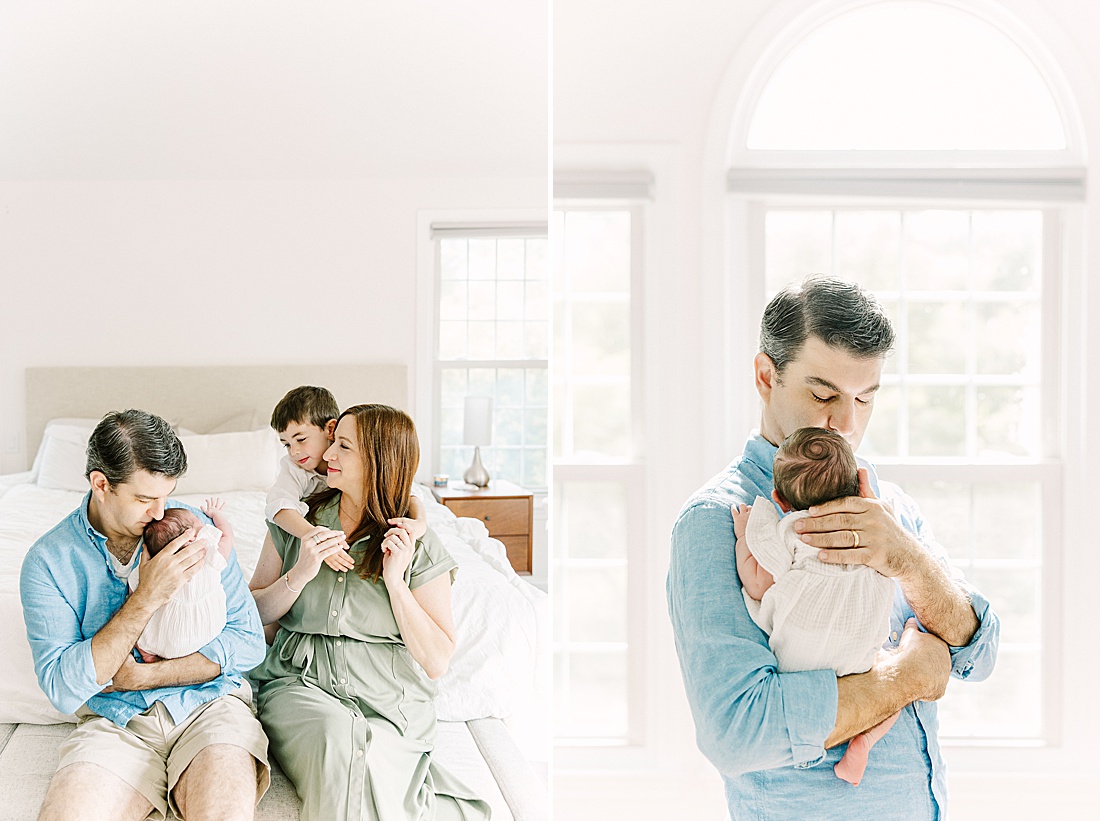 family sits on bed during in-home newborn photo session with Sara Sniderman Photography in Sherborn Massachusetts